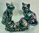 Fenton, Cats, 3 Piece Set, Spruce Green Carnival, Numbered Limited Edition, Hand