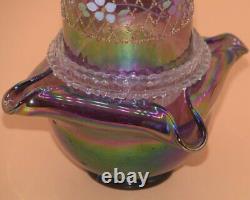 Fenton Purple Irridescent 3-Piece Square Base Hand-Painted Florals Lattice