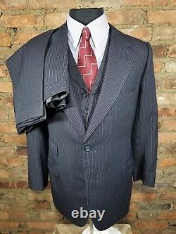 J. C. Wells Ltd. Bespoke Saville Row 3-Piece Suit Navy / Striped 38-36R