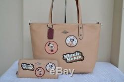 NWT COACH Disney Minnie Mouse Patch City Zip Tote Beechwood Leather Bag & Wallet