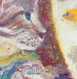 Cat Goldfish, 8x10, Edition Limitée, Peinture À L'huile Sur Toile, Encadré