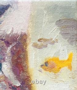 Cat Goldfish, 8x10, Edition Limitée, Peinture À L'huile Sur Toile, Encadré